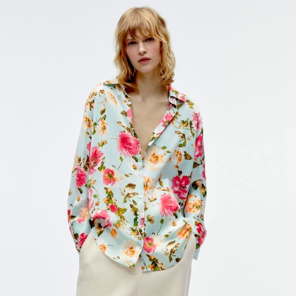Zara Tops - NWT! Zara Floral Satin Effect Shirt - Light Blue - Runs large!